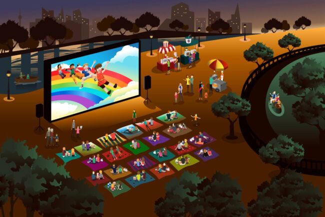 colorful graphic drawing of an outdoor movie in a park