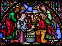 Nativity scene stained glass window